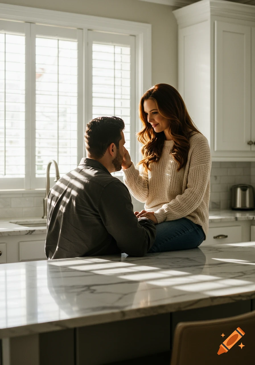 A woman sits on a kitchen counter, affectionately touching the face of a man, bathed in sunlight.