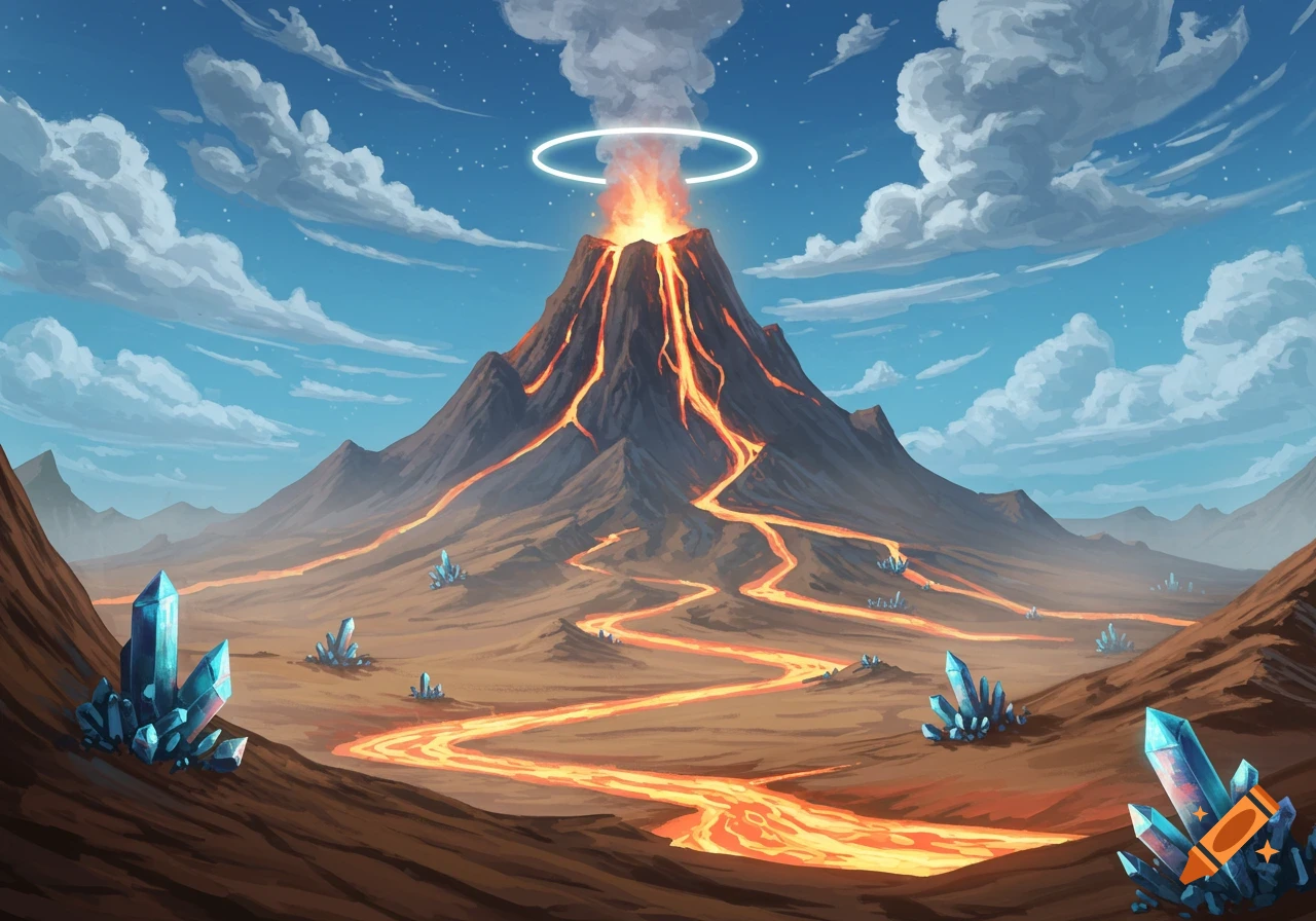 A vibrant, stylized alien landscape with a glowing volcano erupting, surrounded by rivers of orange lava and large blue crystals under a starry sky.