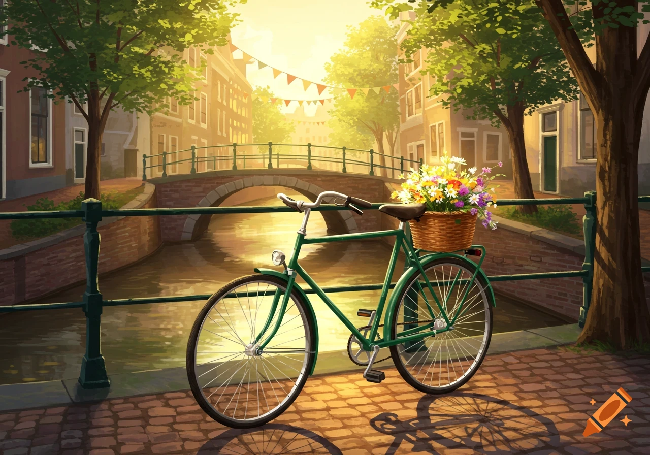 An illustrative painting of a green bicycle with a flower basket by a sunny canal and stone bridge in a European city.