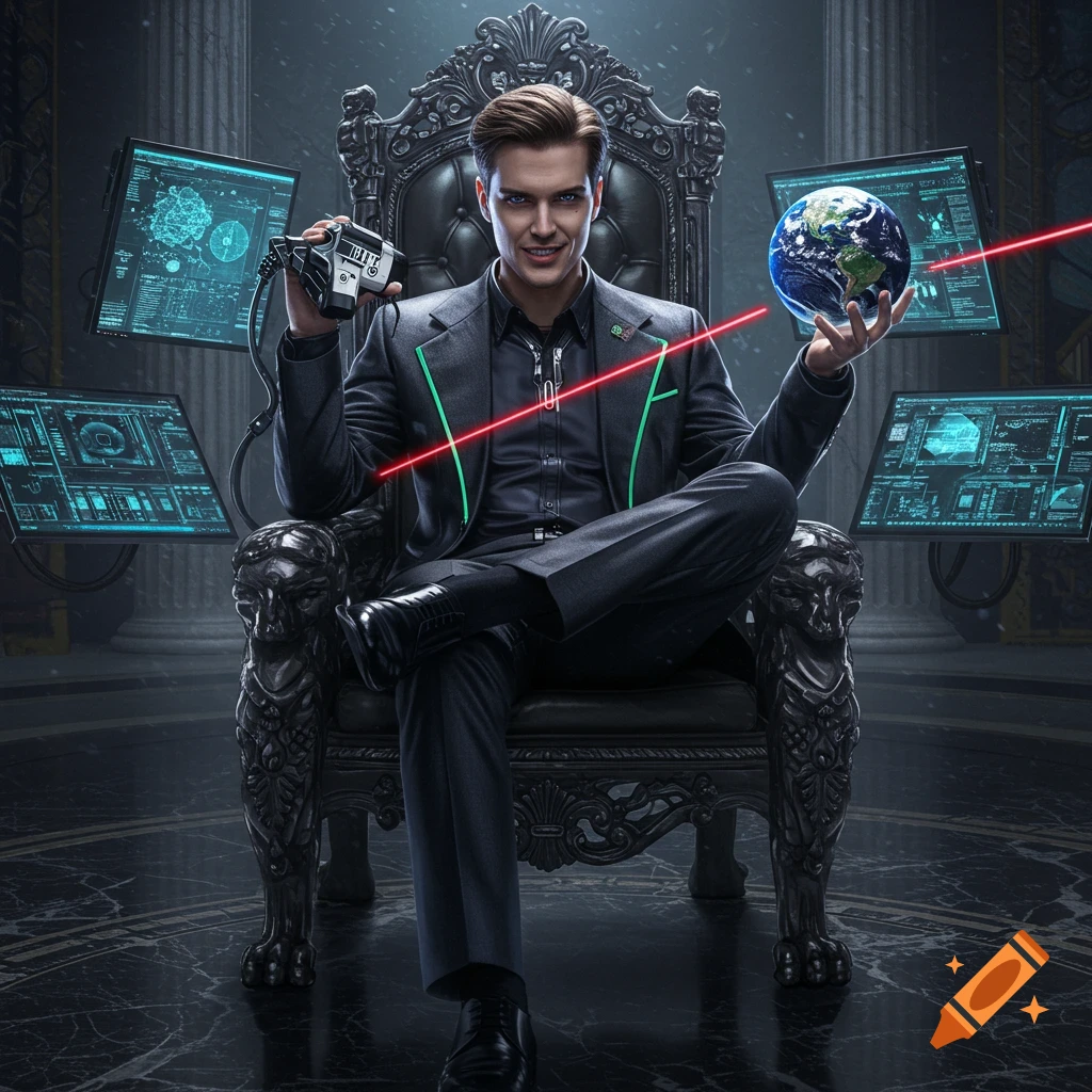 Photorealistic image of a young, villainous man on a dark throne, holding Earth and a futuristic laser device, surrounded by tech screens.