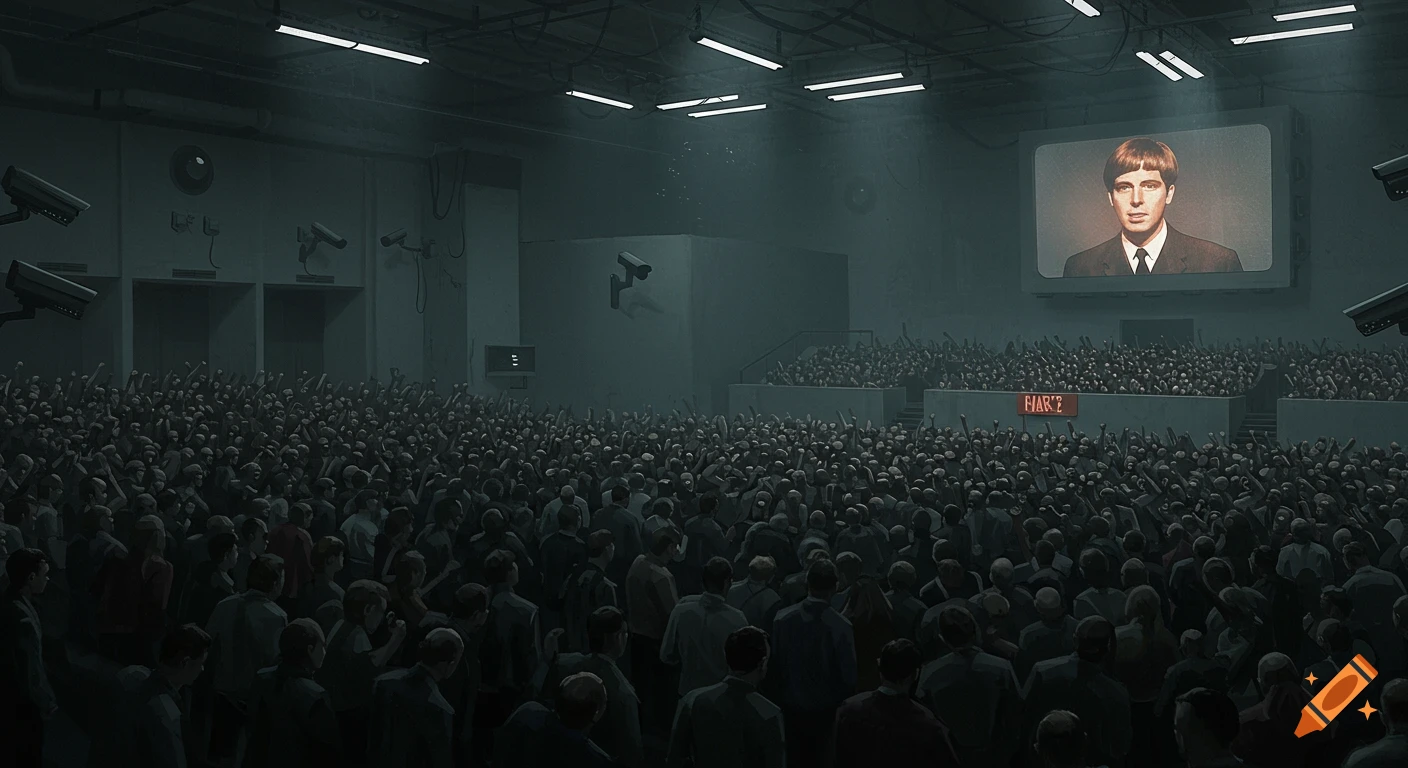 A dark, oppressive hall filled with a massive crowd of people, some with raised fists, facing a large screen displaying a man in a suit. Surveillance cameras are mounted on the walls, and a glowing red sign reads 'FIAR?'