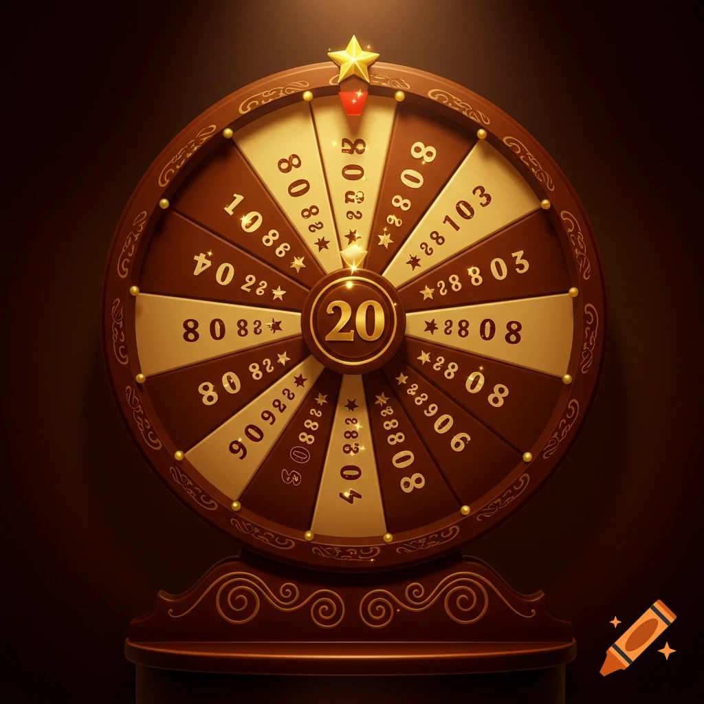 A brown and gold chocolate-themed prize wheel, adorned with numerical segments and a golden star at the top, against a dark background.