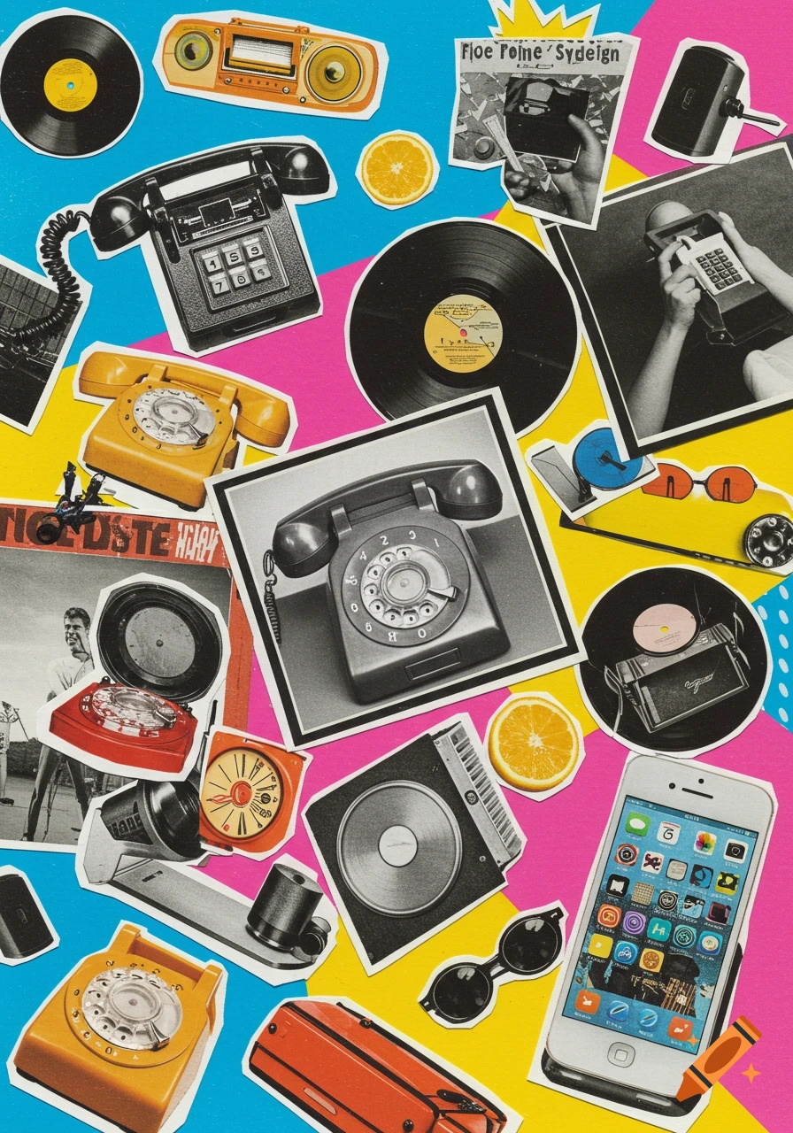 A colorful Pop Art collage featuring cut-out images of various objects like rotary phones, vinyl records, a boombox, an iPhone, sunglasses, and orange slices, against a bright pink, blue, and yellow background.