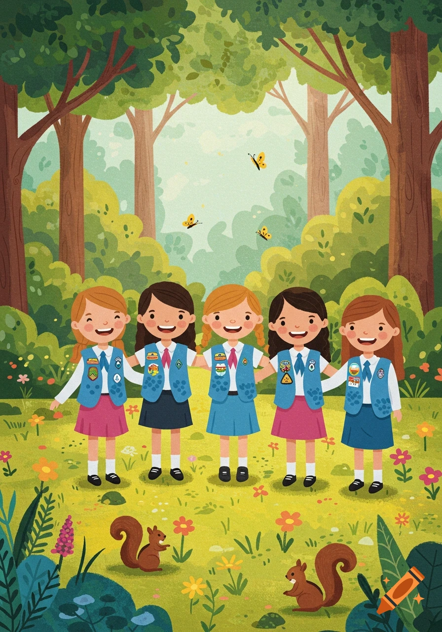 Five diverse smiling girls in scout uniforms hold hands in a sunny storybook forest meadow with flowers and squirrels.