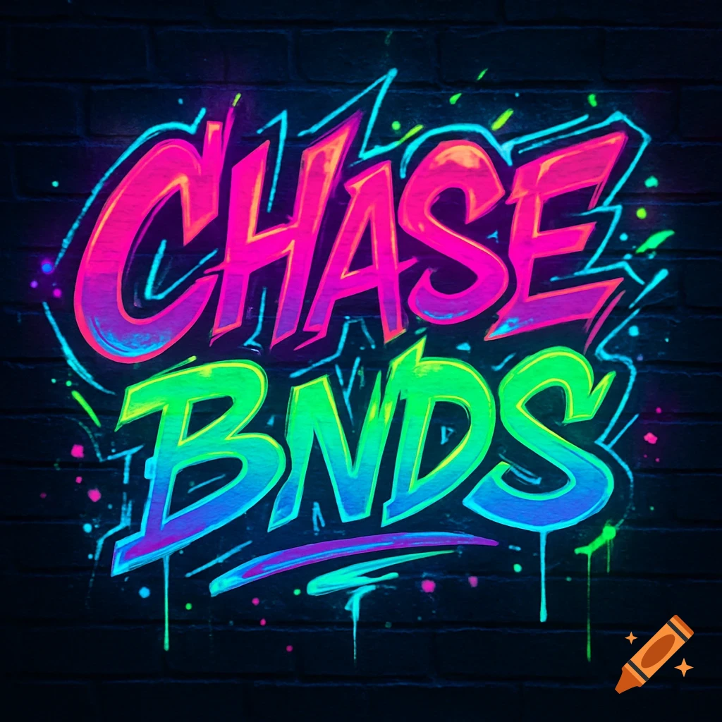 Neon graffiti logo with 'CHASE' in pink and 'BNDS' in blue-green, dripping paint over a dark brick wall.
