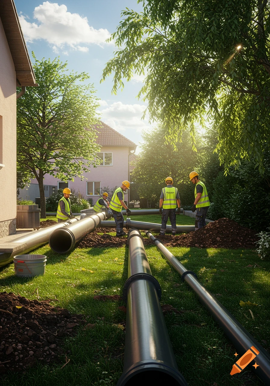 Five workers install large sewage pipes in a sunny backyard with green grass and houses.