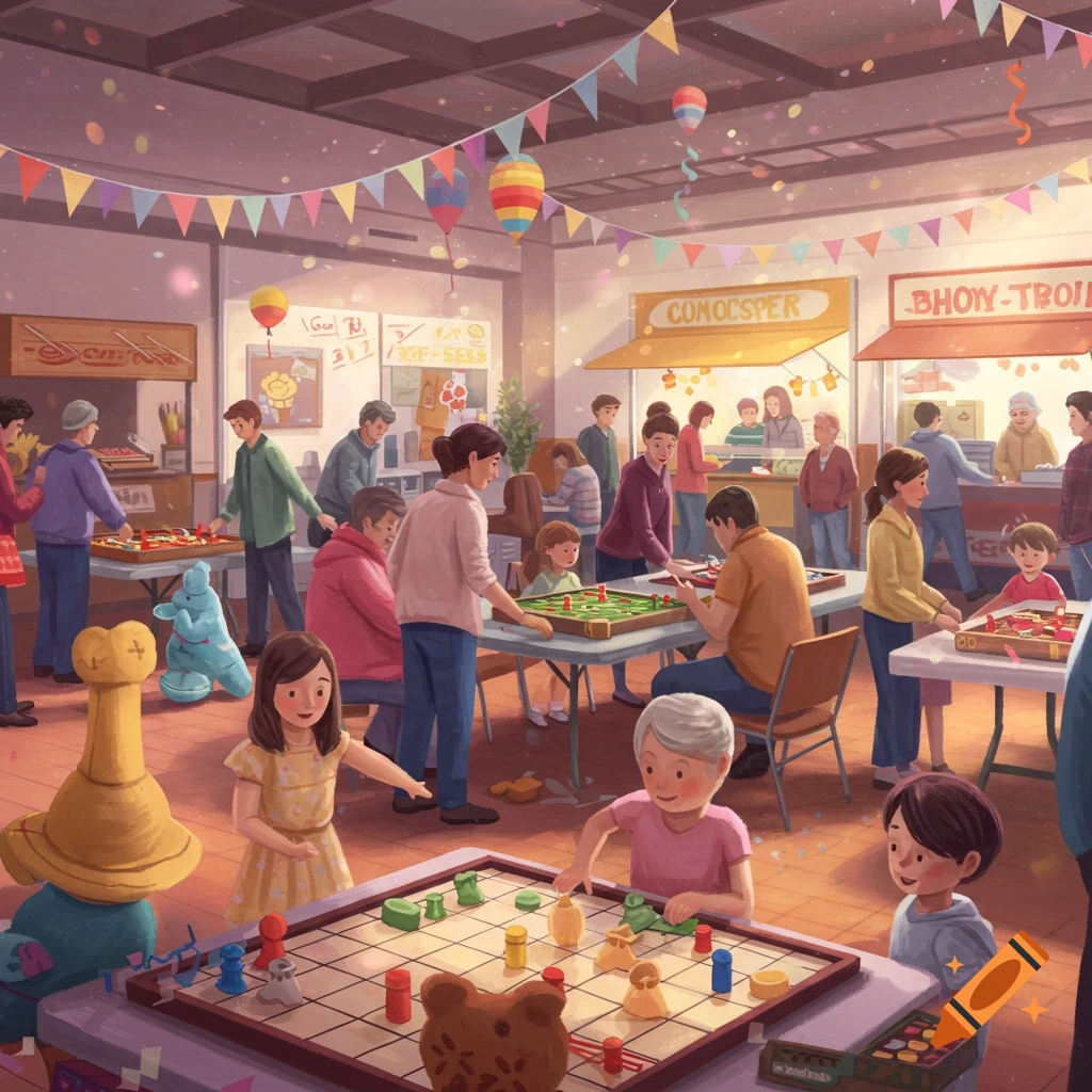 Families of all ages play board games and foosball at a festive indoor game festival, with colorful banners overhead.
