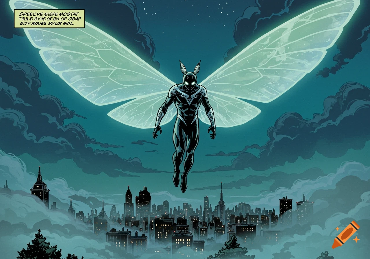 A moth-like superhero in a black suit with glowing wings flies above a city at night, in a comic book art style.