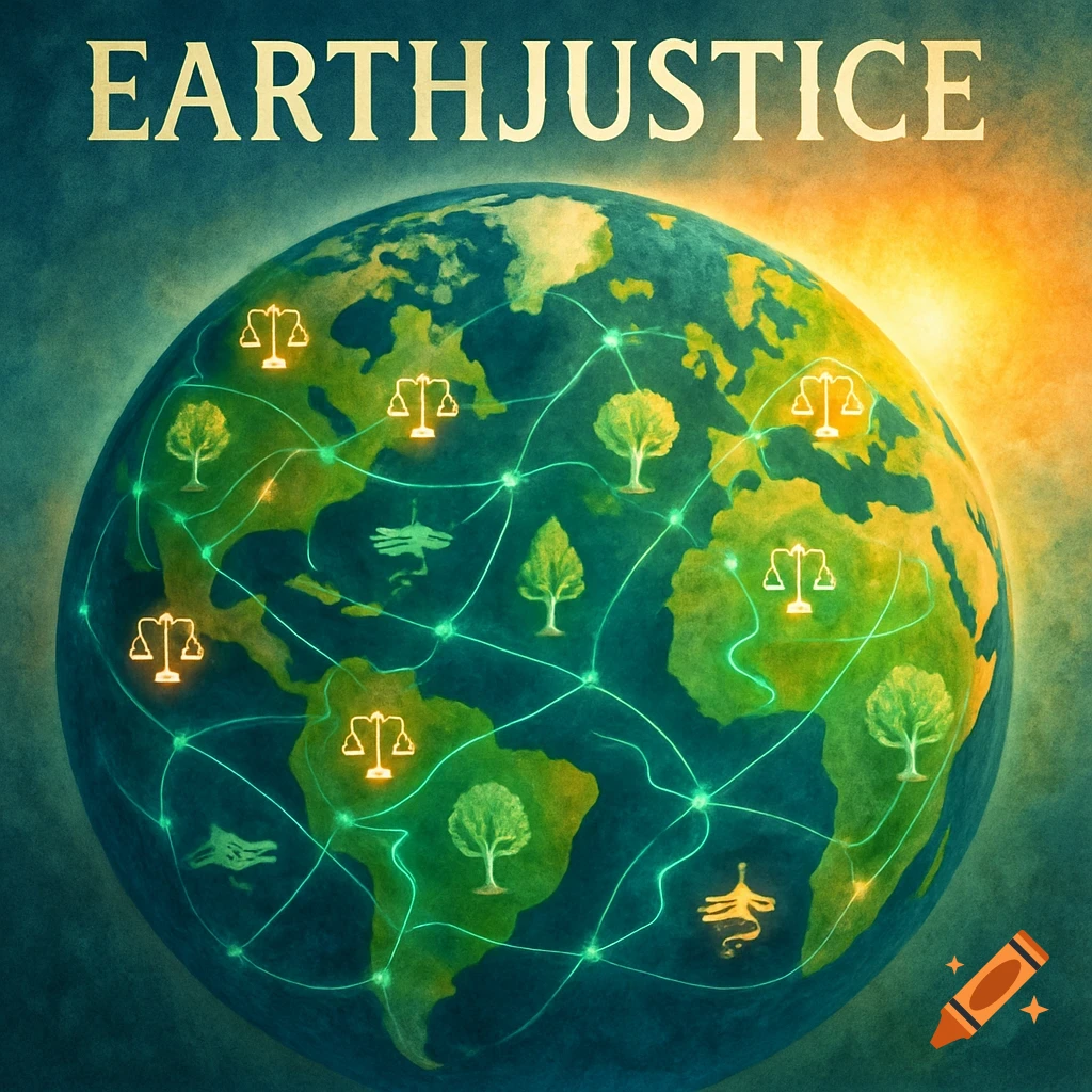 A stylized globe with green continents, connected by a glowing network with trees and scales of justice, under the text "EARTHJUSTICE" and a rising sun.
