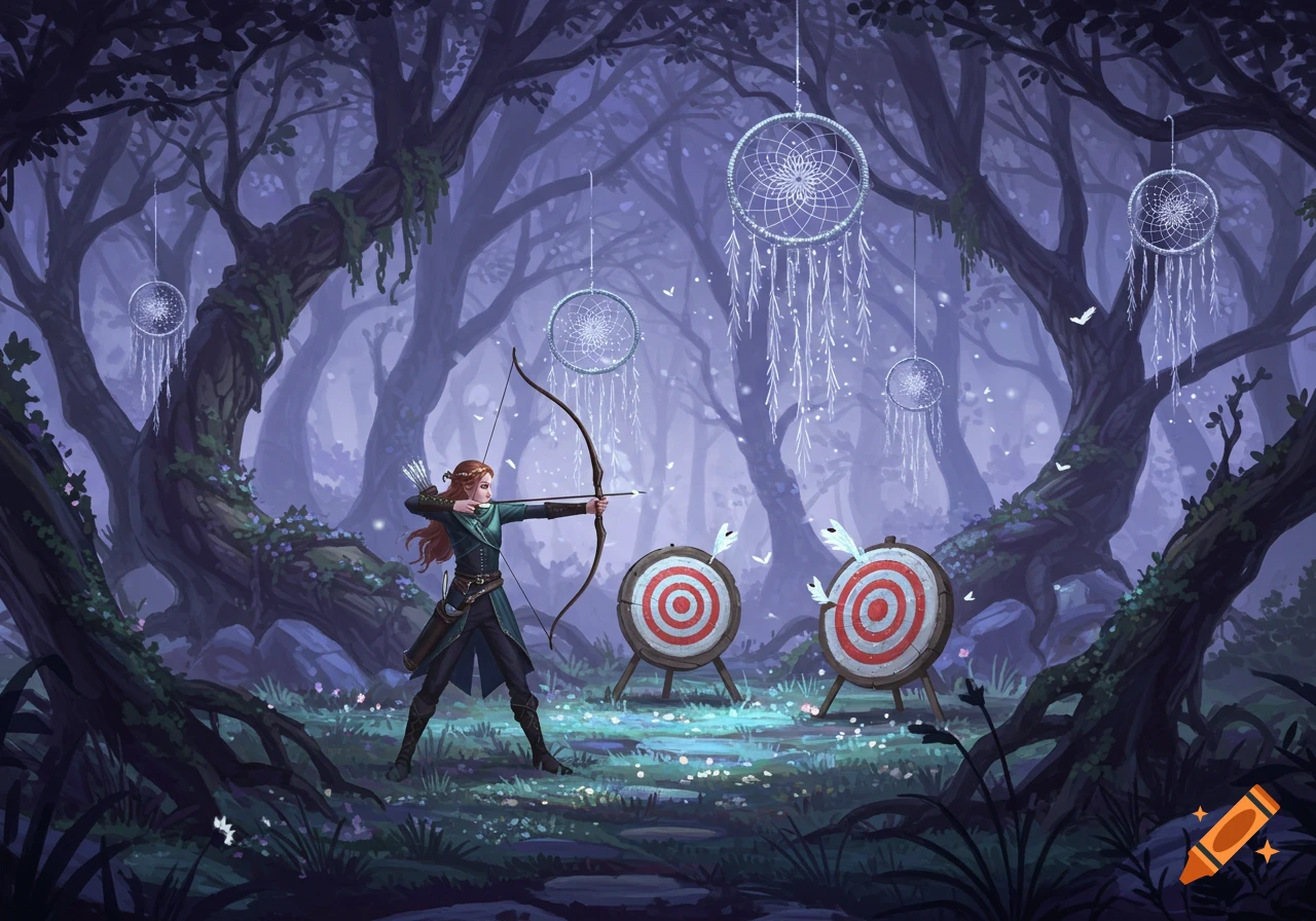 A red-haired archer in green aims a bow in a mystical forest with glowing dreamcatchers and target practice. Fantasy illustration.