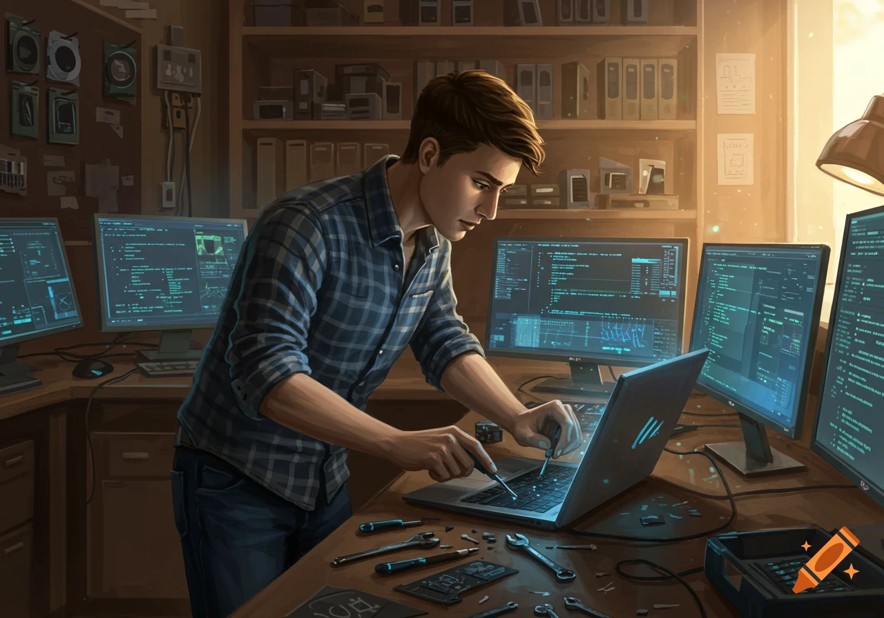 A young man in a plaid shirt repairing a laptop in a computer shop, surrounded by multiple monitors displaying code and various tools on the desk.