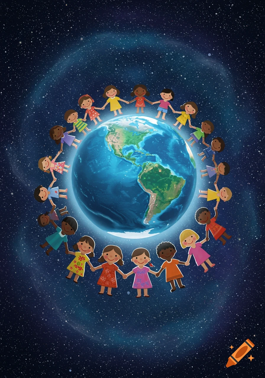 Cartoon children of diverse ethnicities hold hands around the Earth in outer space, against a starry background.