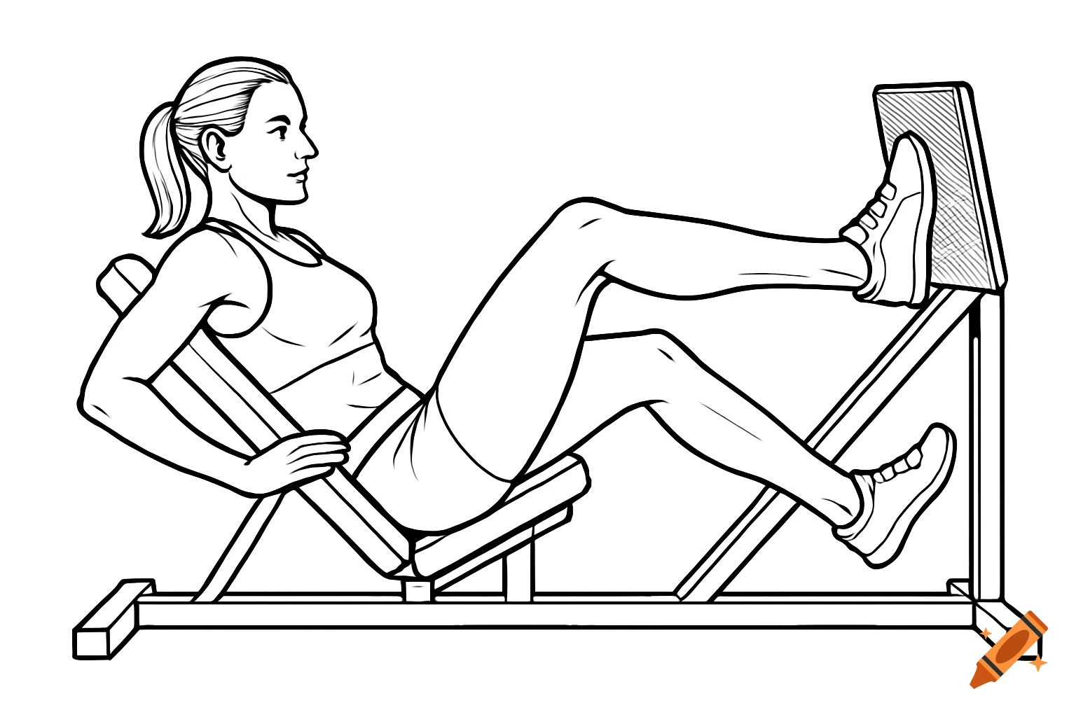 Black and white line drawing of a woman doing a leg press exercise on a machine.