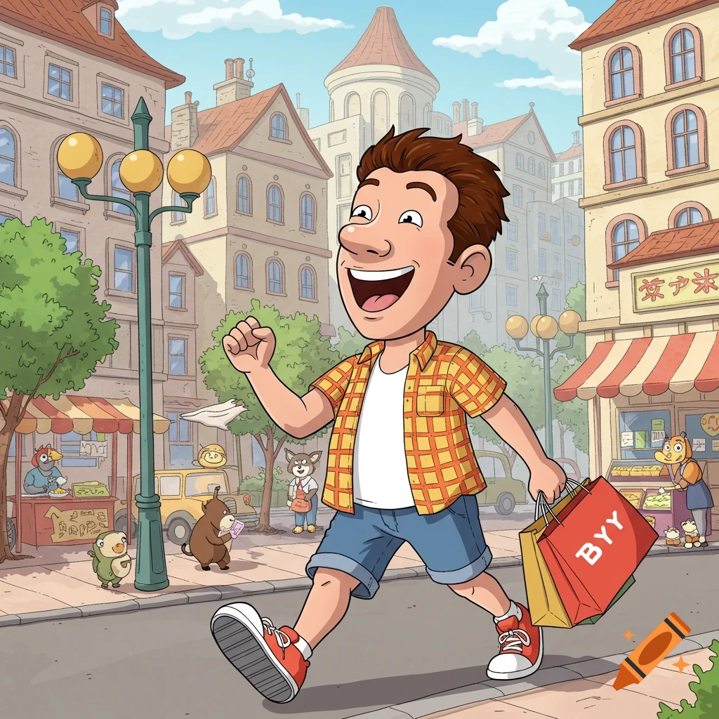A cheerful cartoon man walks down a city street, holding shopping bags. Buildings and other characters are in the background.