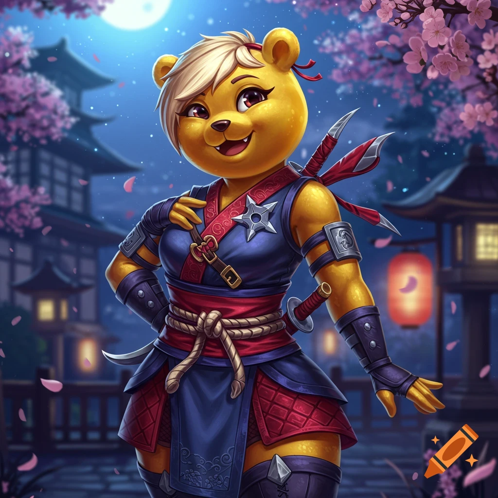 An illustration of a smiling golden bear woman in kunoichi attire with throwing stars, set in a Japanese night garden with cherry blossoms.