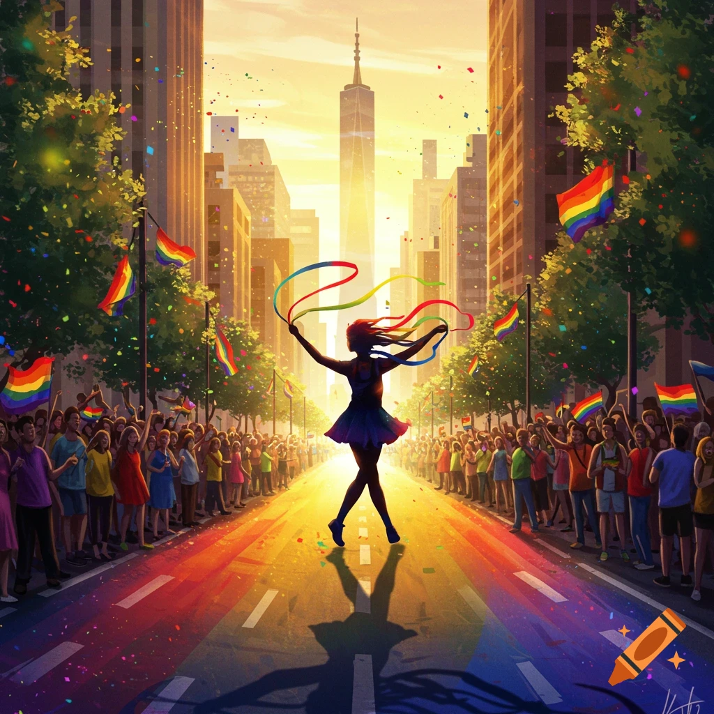A vibrant, stylized illustration of a person dancing with rainbow ribbons in the middle of a city street painted with rainbow colors. Crowds line the street holding rainbow flags, and confetti falls from the sky. Tall buildings rise in the background under a sunset sky.