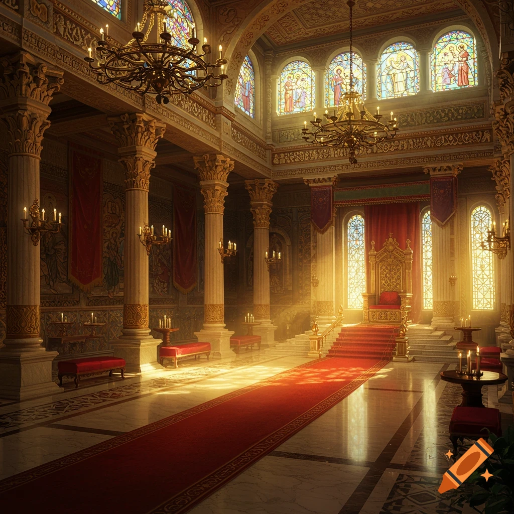 A grand, ornate palace throne room with tall columns, stained glass windows, a long red carpet, a golden throne, and dramatic golden light.