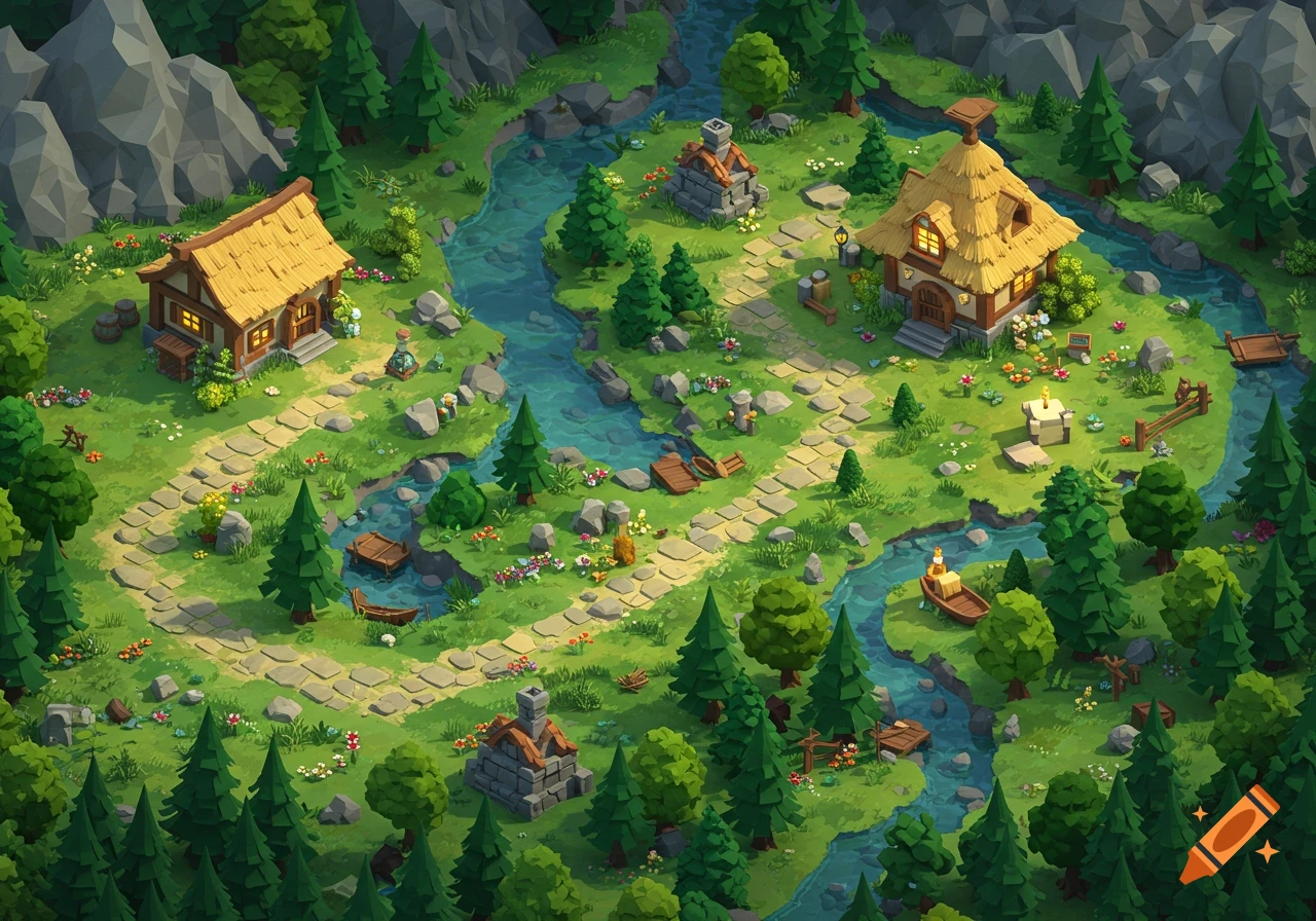 Isometric 2.5D game art depicting a charming fantasy village with thatched houses, a winding river, stone paths, pine trees, and mountains.