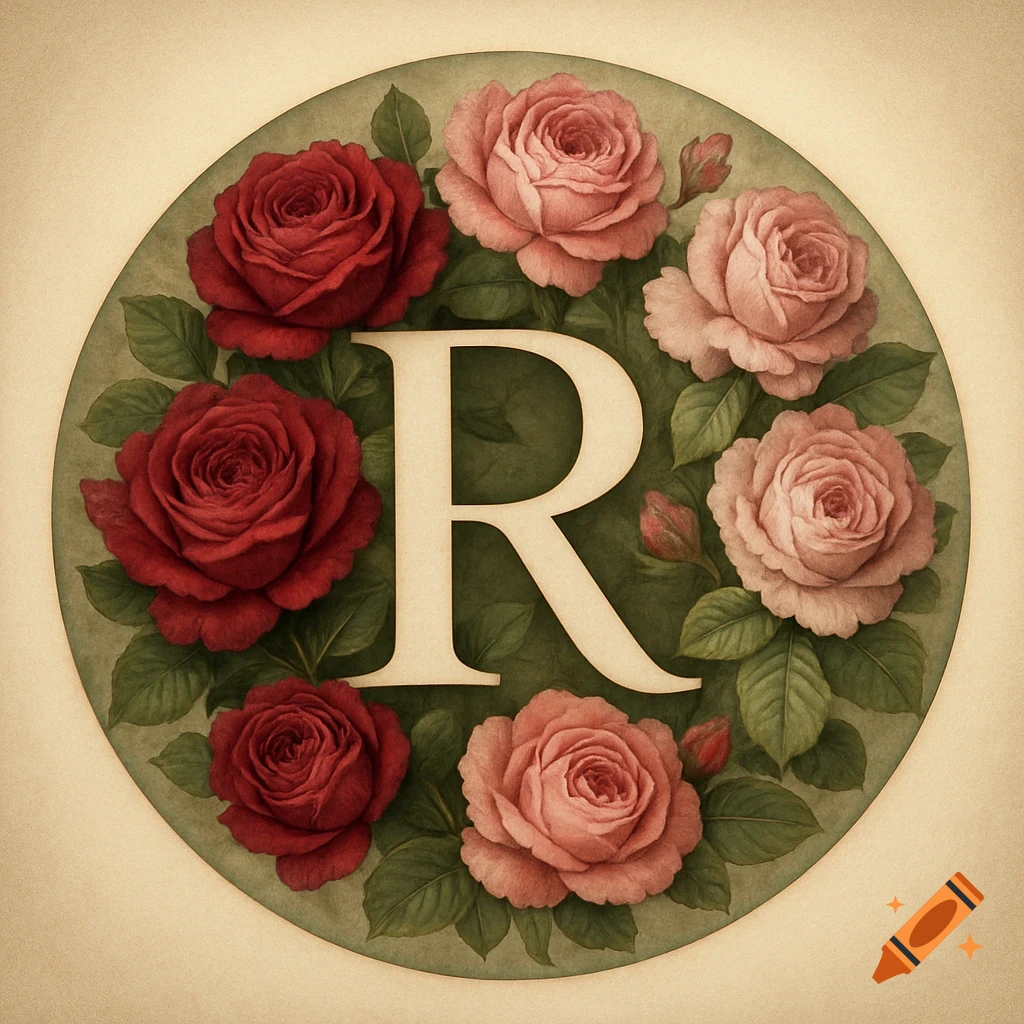 An illustrated round design featuring a capital letter R surrounded by red and pink roses and green leaves.