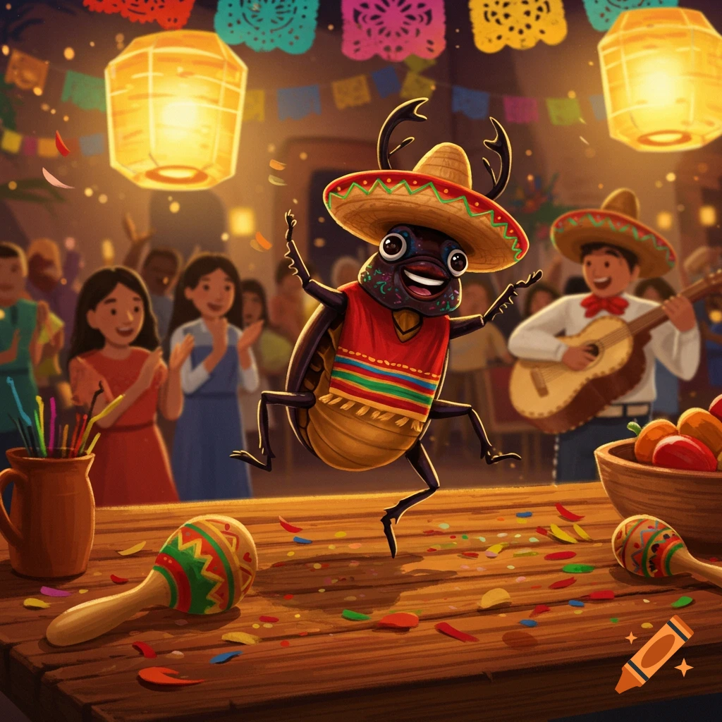 A smiling cartoon beetle in a sombrero and serape dances on a table with maracas and confetti at a vibrant Mexican-themed celebration. People and a guitarist are in the background under glowing lanterns and papel picado.