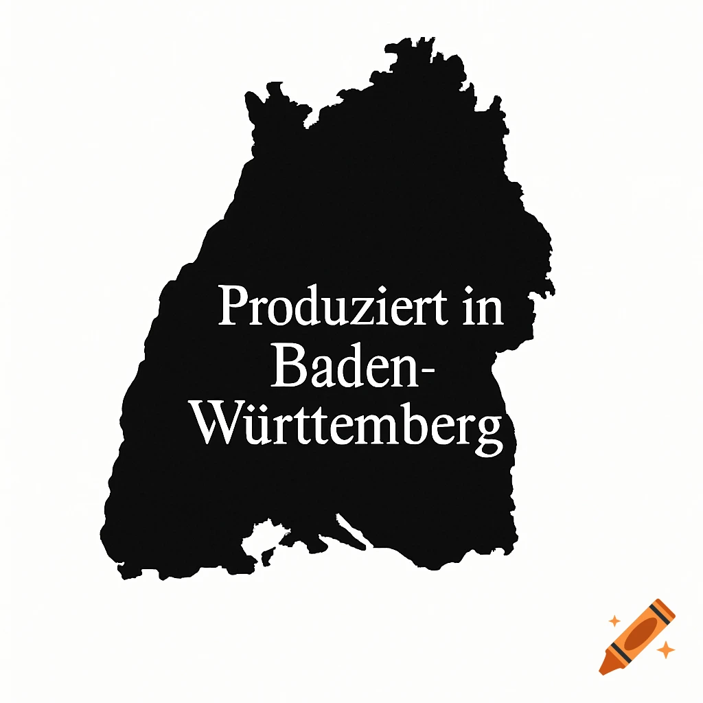 Black silhouette map of Baden-Württemberg on a white background with white text "Produziert in Baden-Württemberg" inside.