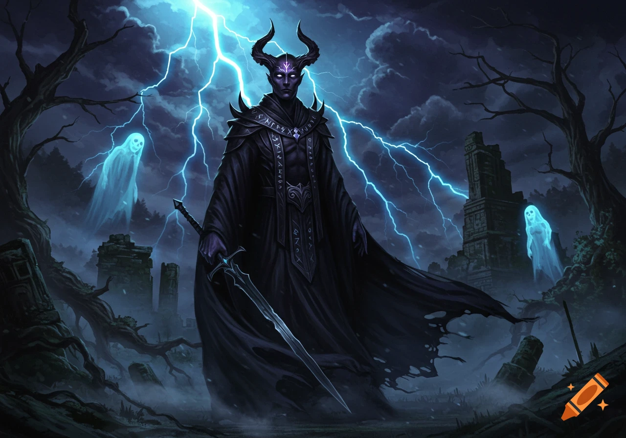 A dark fantasy god, a horned figure in a black robe holding a sword, stands amidst ruins with two glowing ghosts and lightning in a stormy sky.