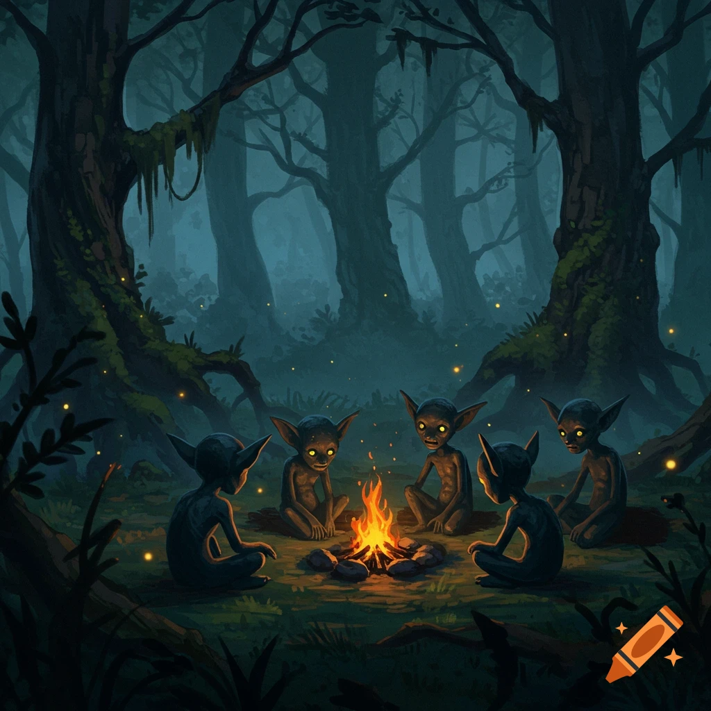 Five dark, glowing-eyed goblins sit around a bright campfire in a stylized, dark forest at night.