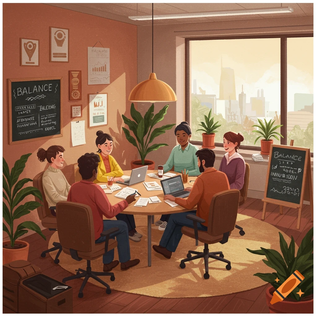 An illustrated image of six diverse people having a meeting around a round table in a bright office, with laptops, papers, plants, and a city skyline visible through the window.