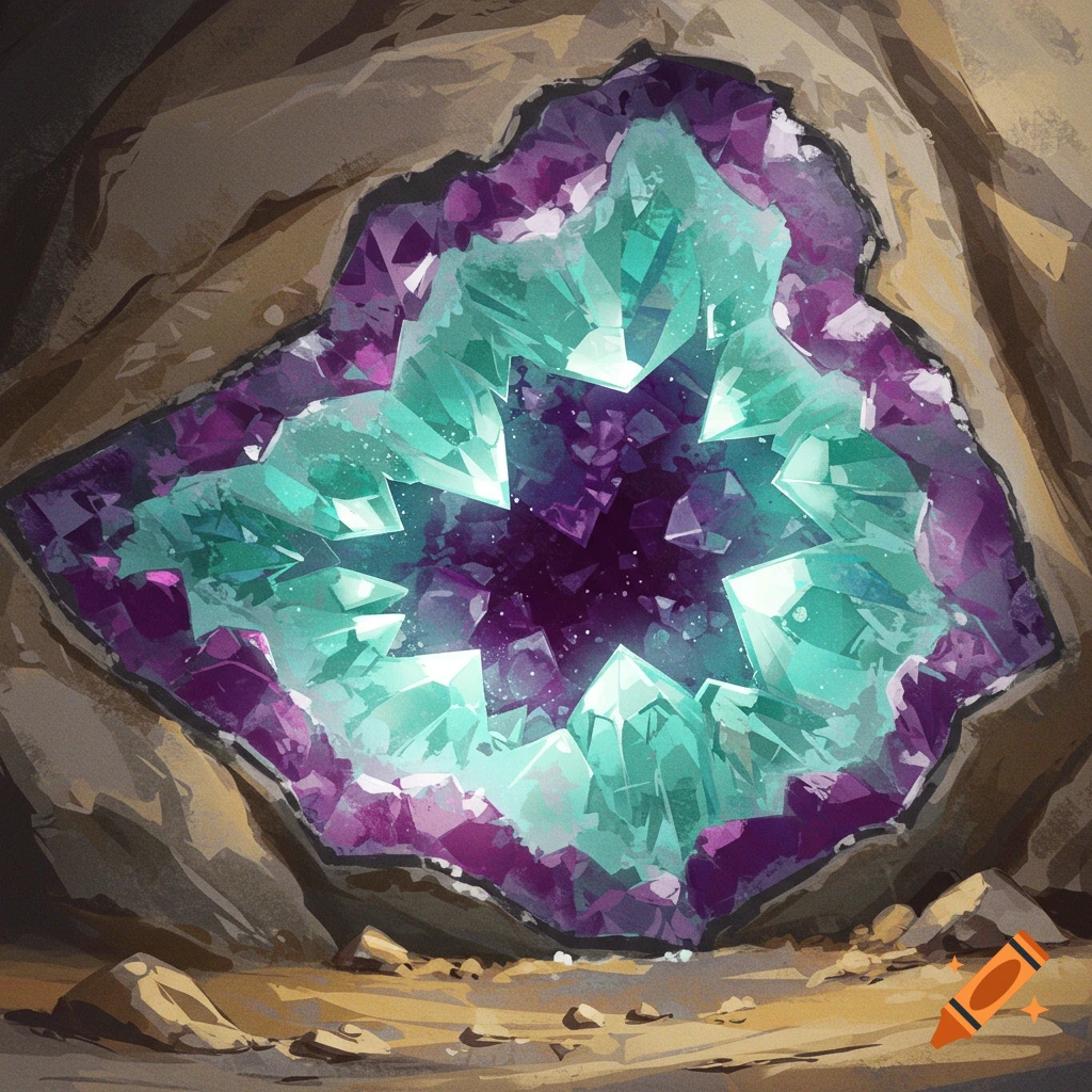 An illustration of a large geode with glowing teal and purple crystals embedded in brown rock.
