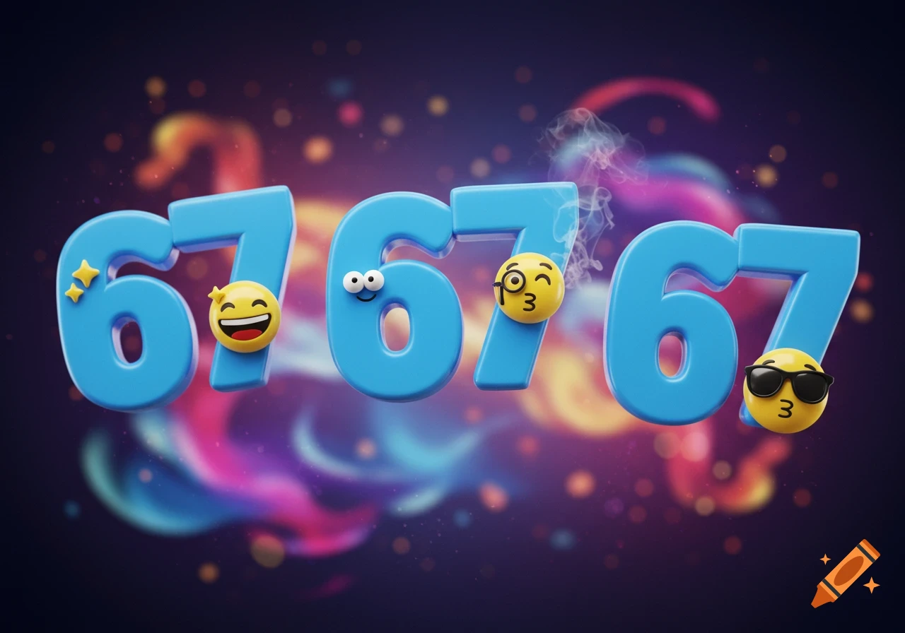 Three stylized blue '67' numbers, each adorned with different playful emojis, against a dark, festive background with colorful bokeh.