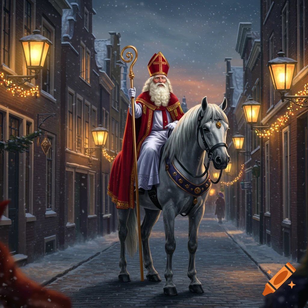 Sinterklaas in red robes and miter rides a white horse through a snowy Dutch street adorned with glowing lanterns and string lights.