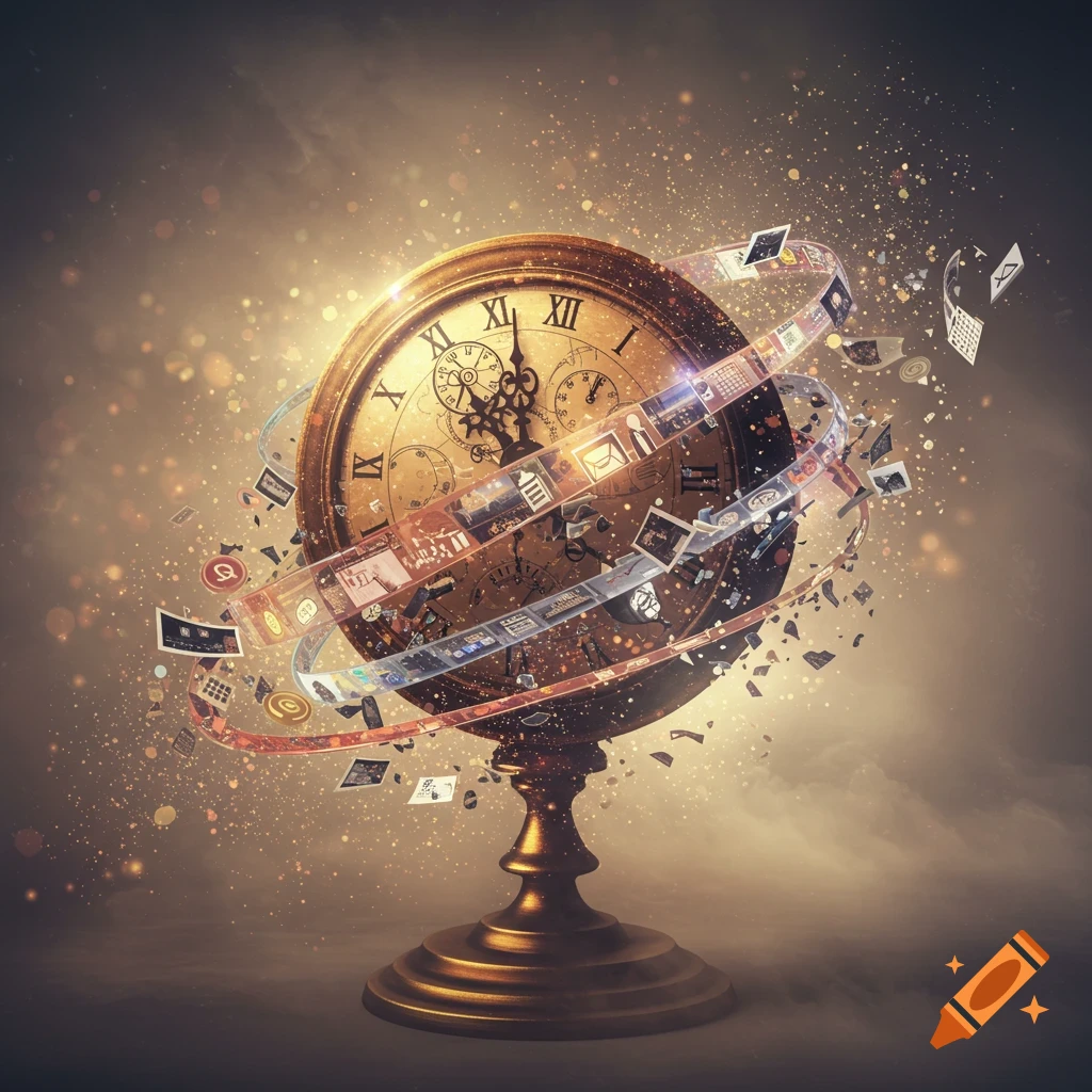 An ornate golden clock with Roman numerals on a stand, surrounded by swirling ribbons of digital images and light particles.