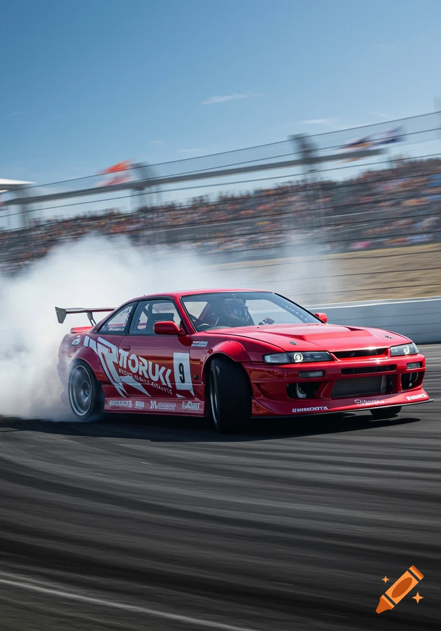 A red drift car with sponsor decals smokes its tires while sliding on a race track in bright daylight, with spectators in the background.