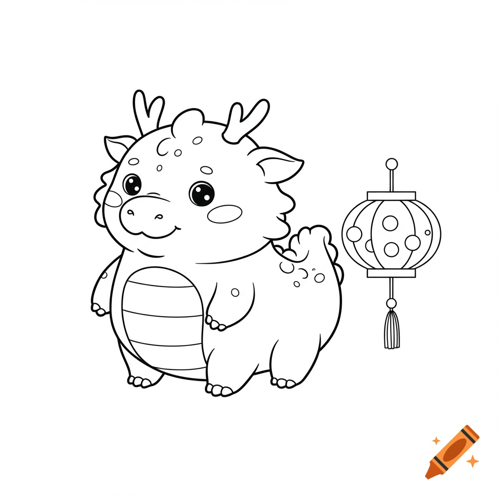 A cute, stylized cartoon dragon with a round body, small horns, and large eyes. A traditional Chinese lantern hangs beside it. Black and white outline for a coloring page.