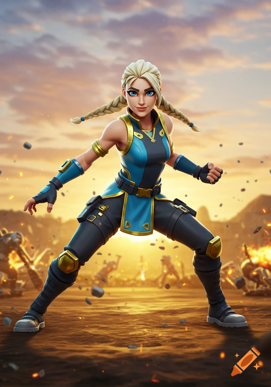 A blonde female Fortnite character in a blue and black combat suit stands in a battle-ready pose on a battlefield at sunset.