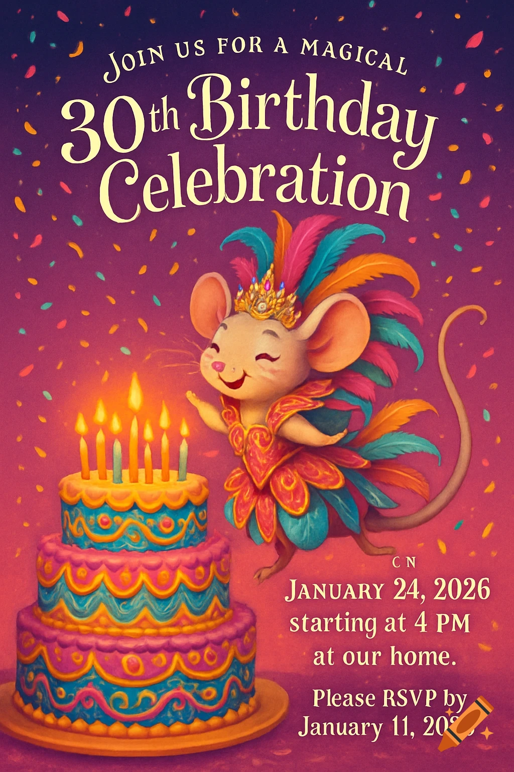A cute cartoon mouse in a carnival outfit and crown stands next to a three-tier birthday cake. Text for a 30th birthday invitation.