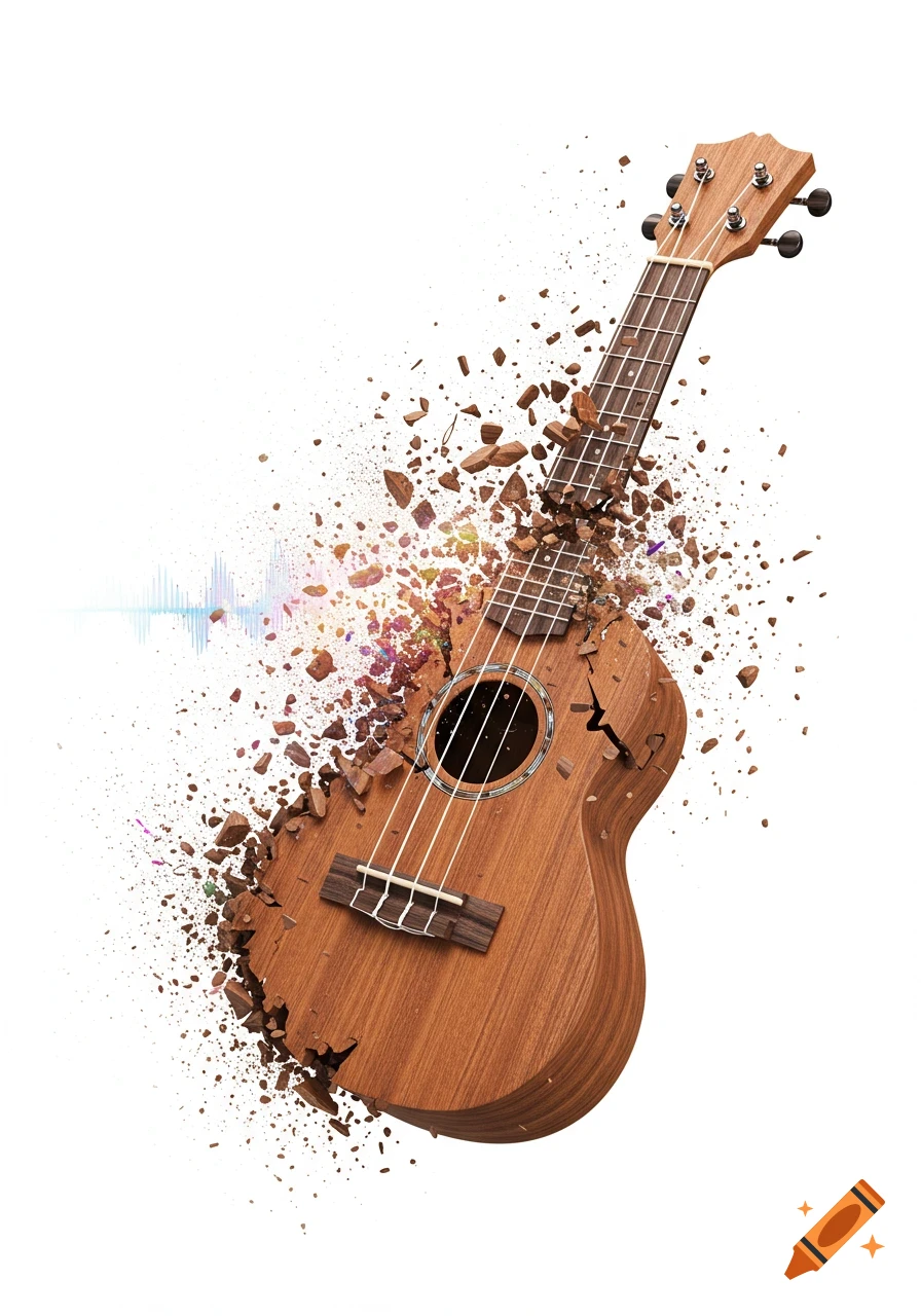 A wooden ukulele explodes into pieces, surrounded by debris and a colorful soundwave graphic, against a white background.