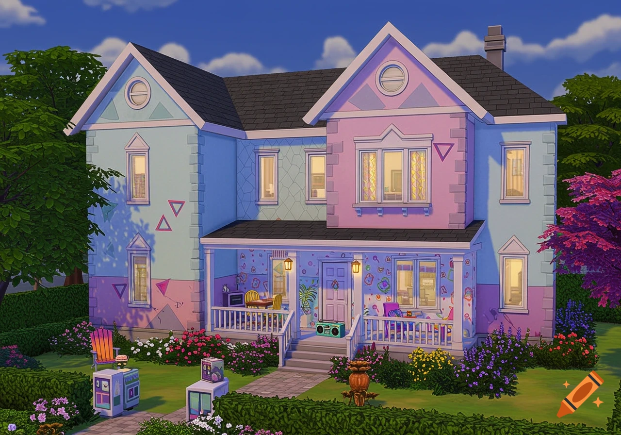 A pastel pink and blue sorority house in Sims 4 style, adorned with 80s geometric patterns, a porch, and a vibrant garden.