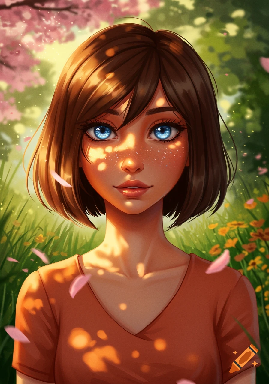Anime portrait of a smiling young woman with short brown hair, blue eyes, and freckles, bathed in dappled sunlight in a spring garden.