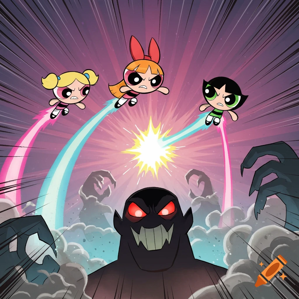 The Powerpuff Girls, Blossom, Bubbles, and Buttercup, fly with colorful trails, fiercely confronting a grinning, shadowy villain with glowing red eyes.