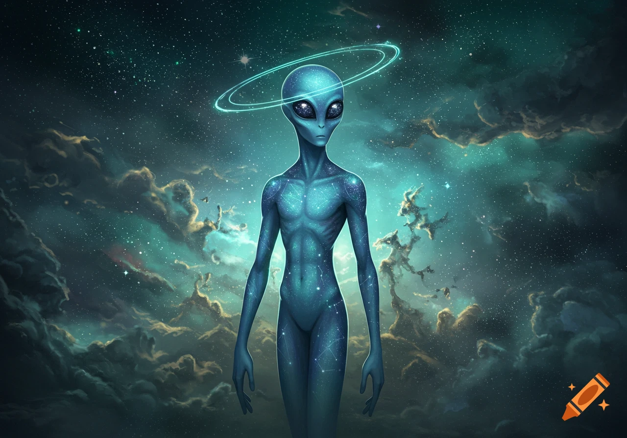 A blue alien with large dark eyes and celestial markings stands in a starry nebula with glowing rings above its head.
