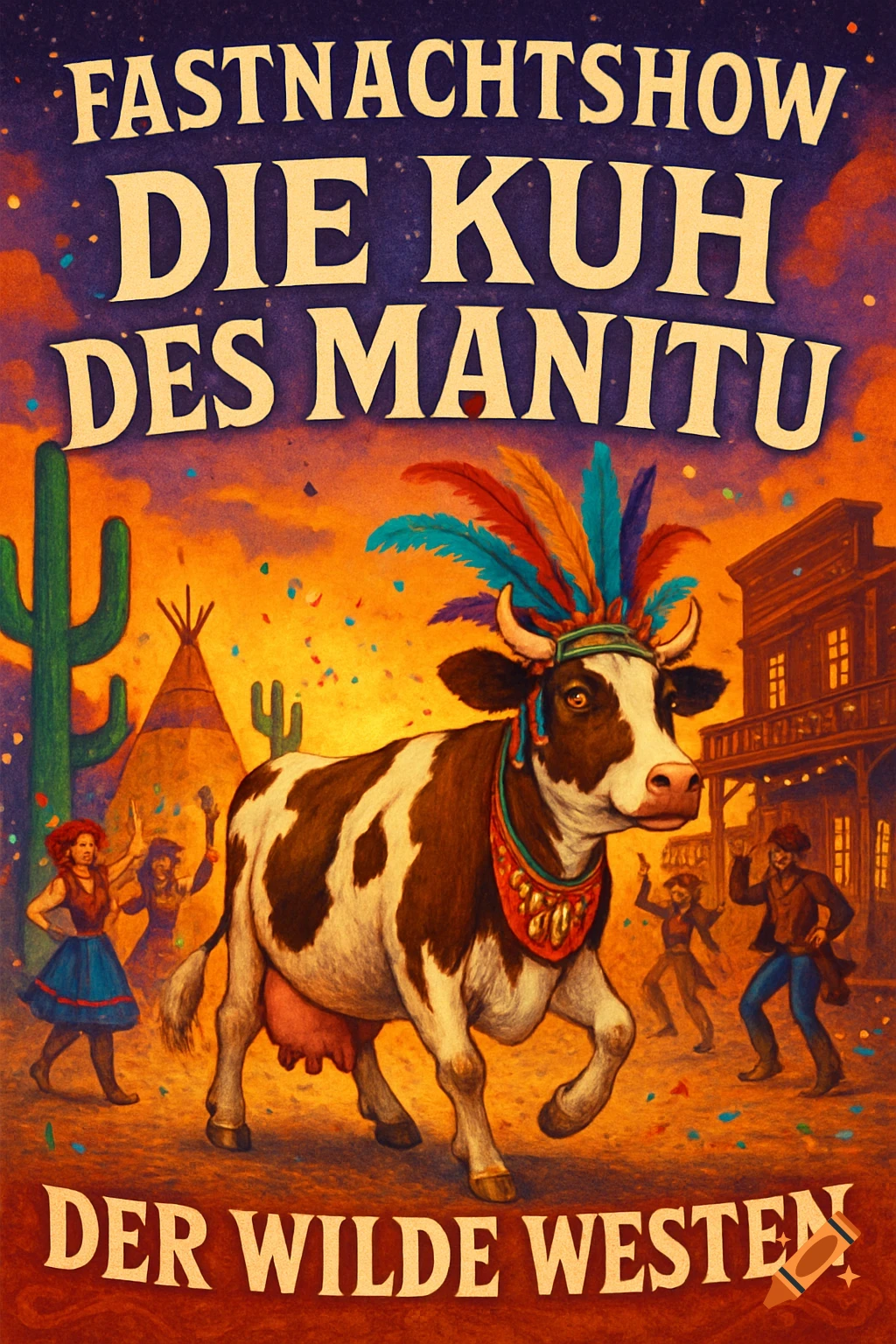 A colorful poster for "Fastnachtshow: Die Kuh des Manitu, der Wilde Westen," featuring a cow in a feathered headdress in a Wild West town.