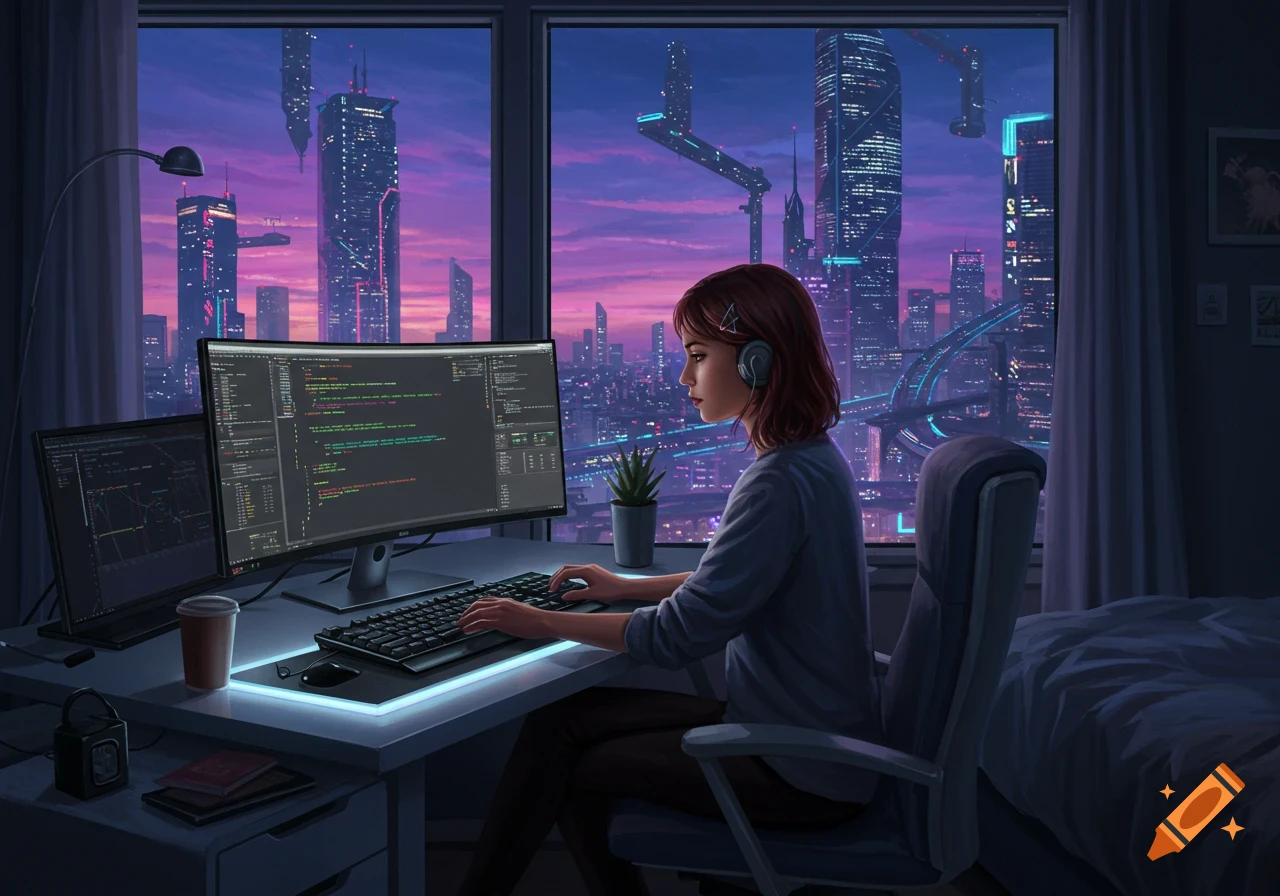 A girl programs at a computer in a futuristic room overlooking a neon-lit city at twilight, in a digital art style.