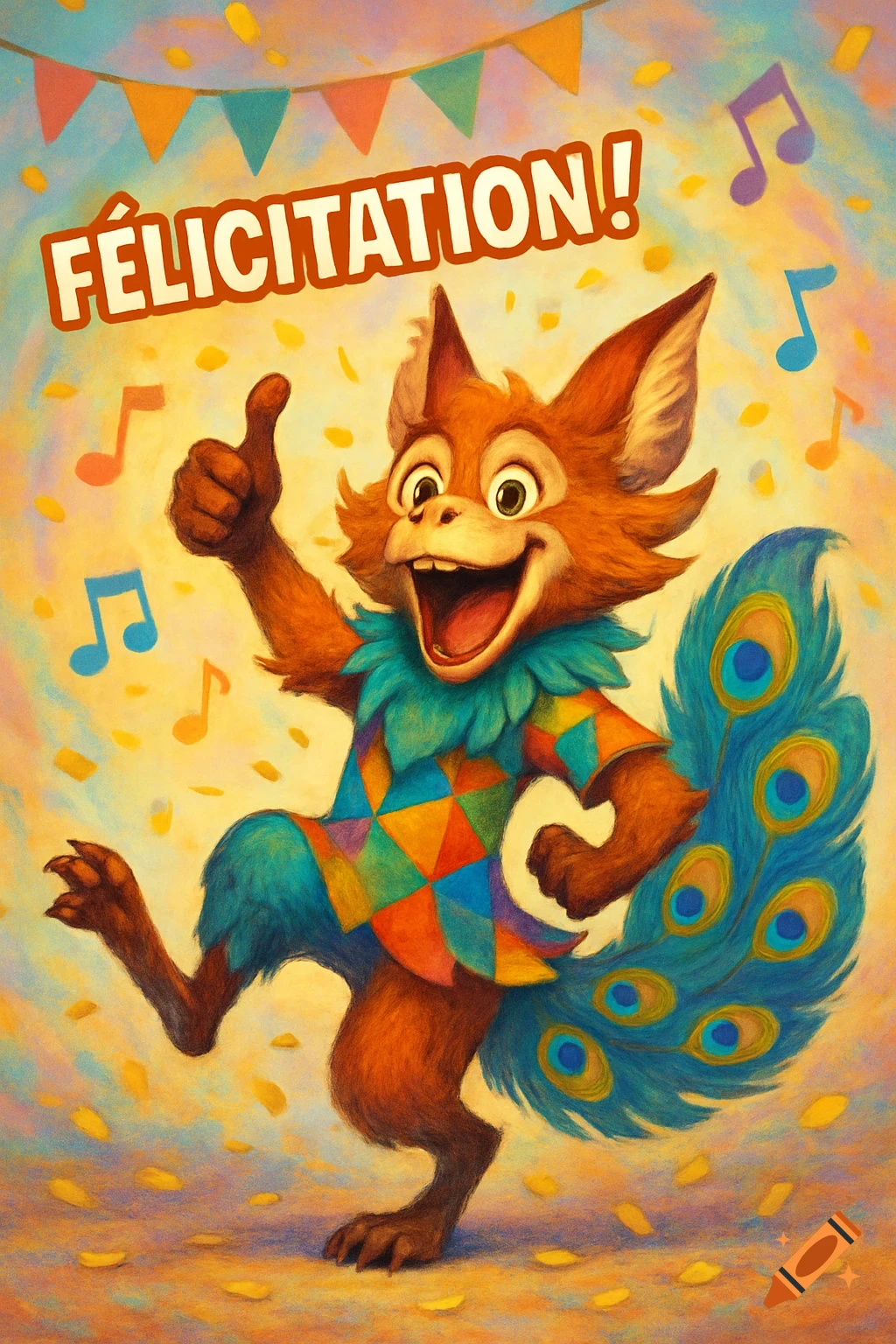 A cheerful, fox-like creature with a peacock tail, wearing a colorful harlequin outfit, dances with a thumbs up under a 'FÉLICITATION!' banner and confetti.