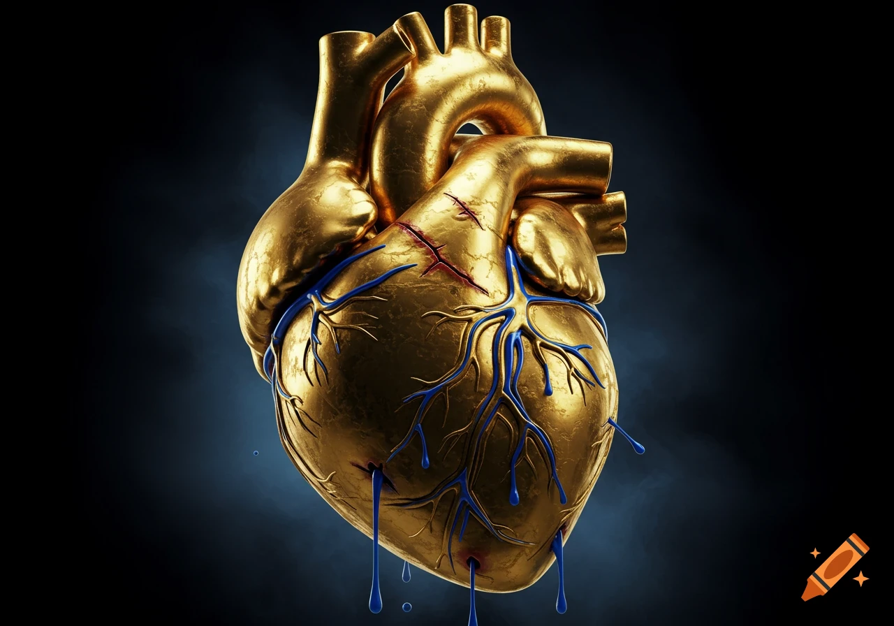A detailed golden anatomical heart with blue liquid dripping from scars, set against a dark background.