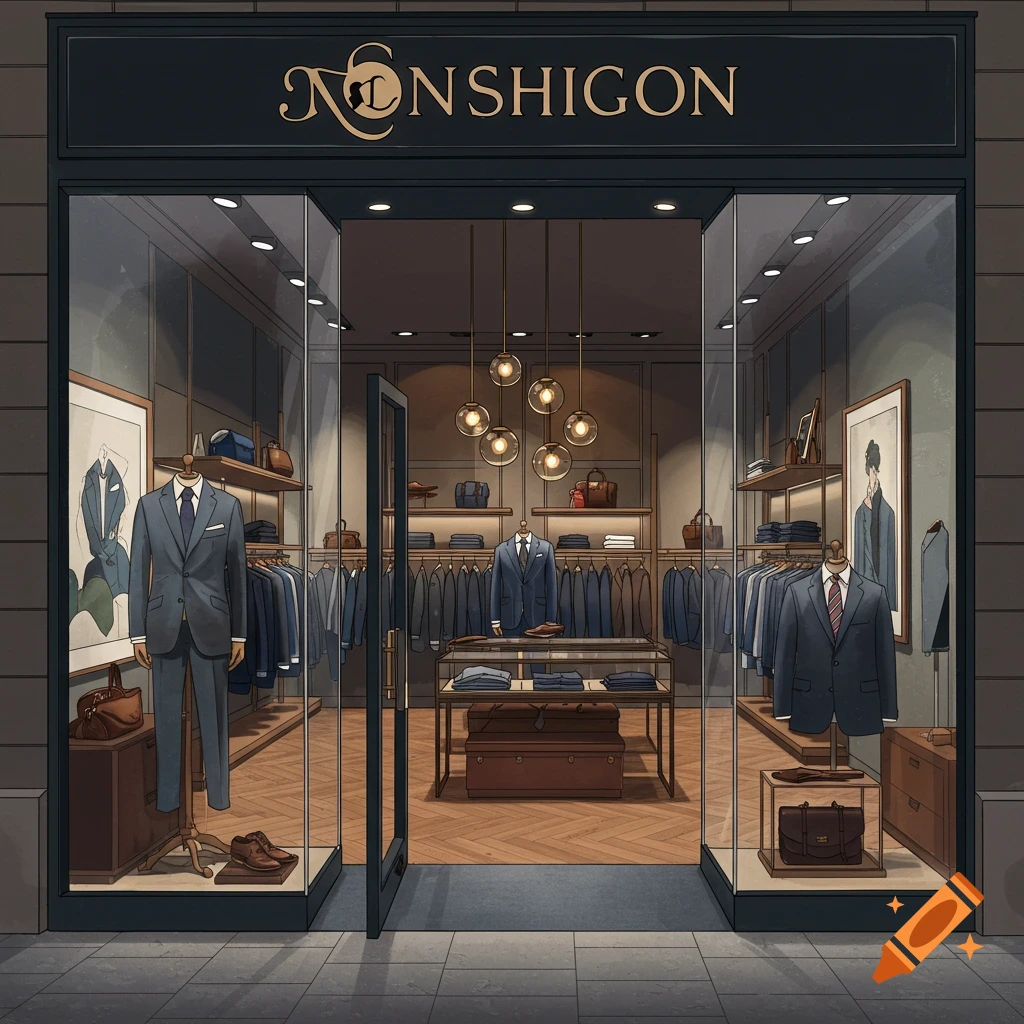 An illustration of a stylish men's clothing store storefront at night, displaying suits on mannequins and various accessories.