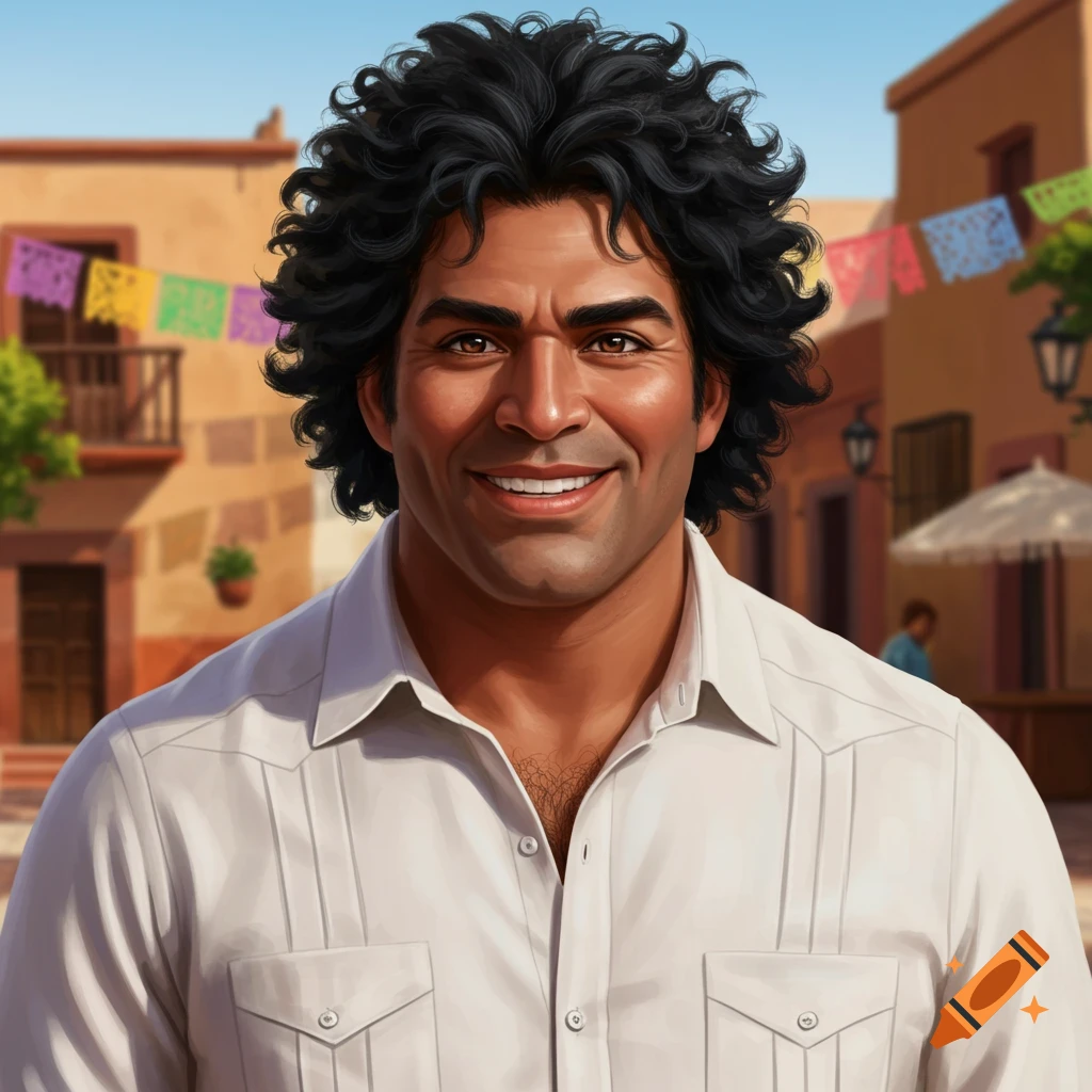 An illustration of a smiling man with dark curly hair and a white shirt against a blurred background of a sunny town street.
