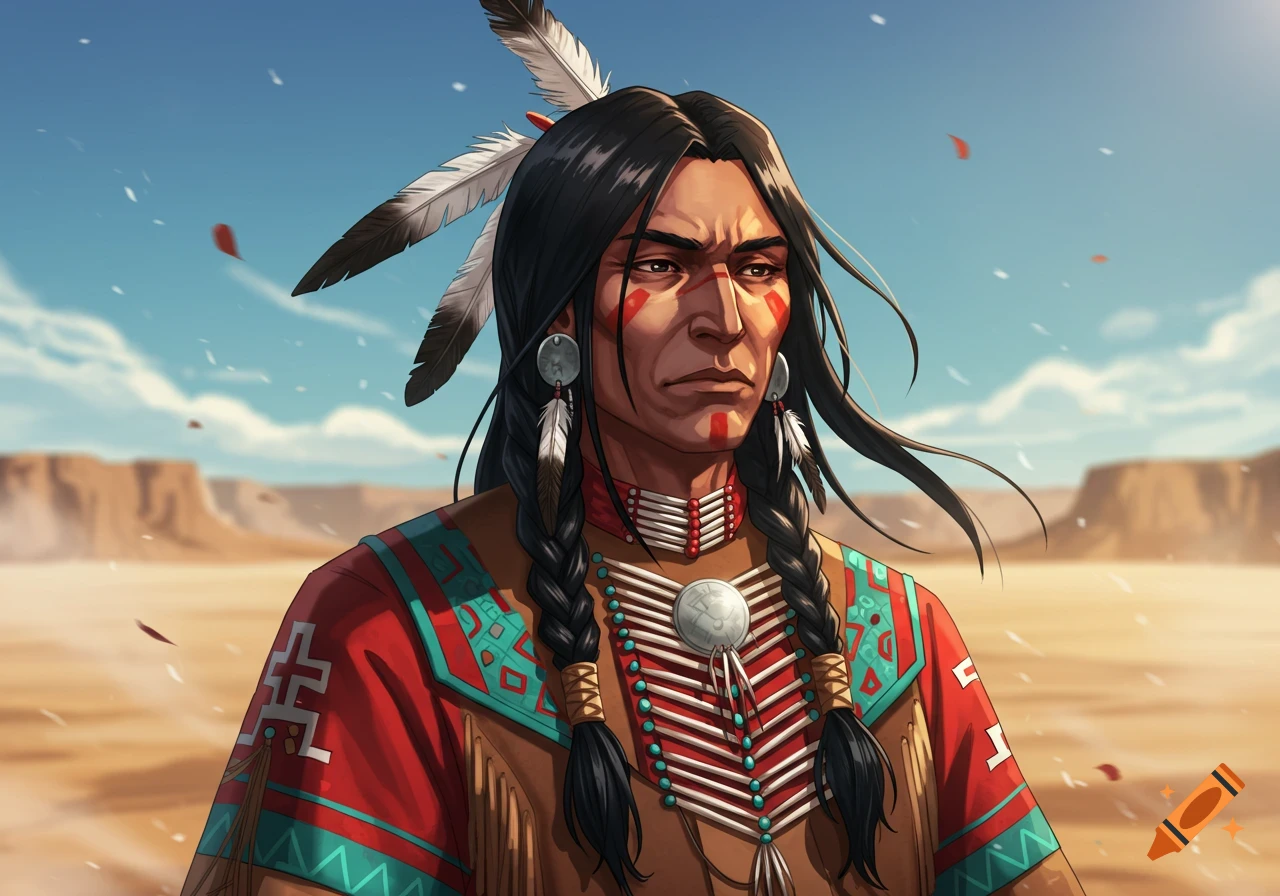 Stylized portrait of a Native American man in red and turquoise attire with face paint and feathers, desert background.