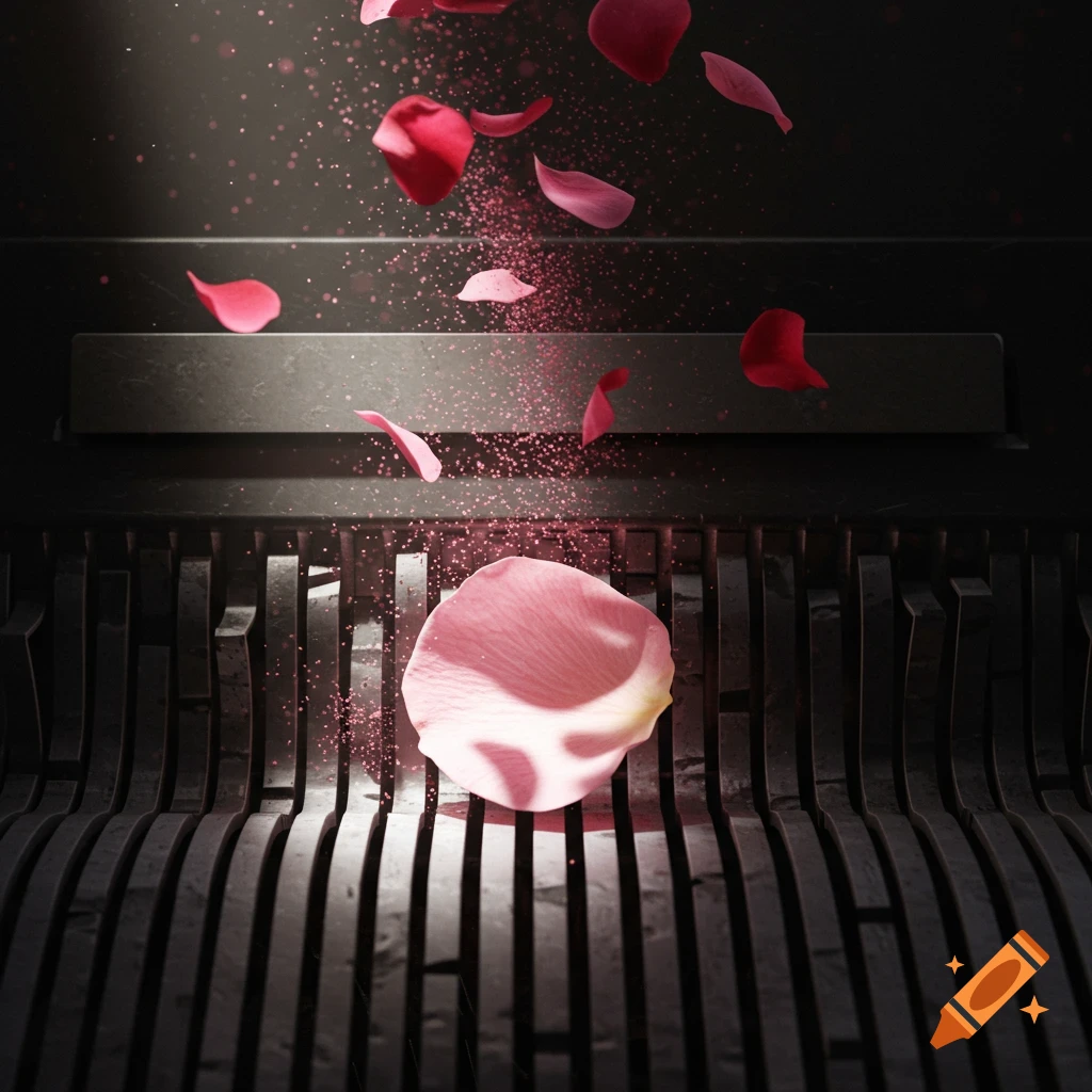 Pink and red rose petals falling into a dark paper shredder, with one large petal resting on the blades and pink dust in the air. Photorealistic.