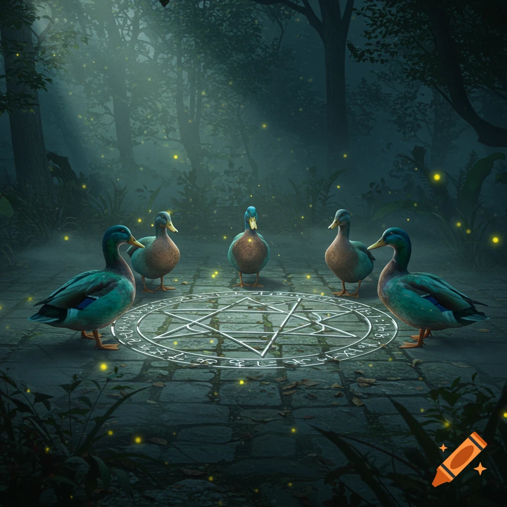 Five mallard ducks stand in a circle around a glowing pentagram on a stone path in a mystical, foggy forest with fireflies.